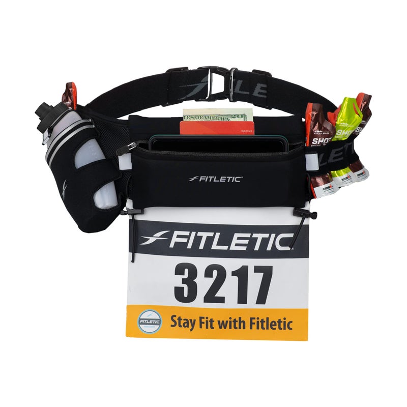 Fitletic Hydration Running Belt With 12oz Quick Flow Water Bottle For Men & Women â€“Race Belt, Gel Holders & Bib Toggles Patented Bounce Free Design, Water Resistant- Fits All Phones â€“ Fully Loaded - Image 2